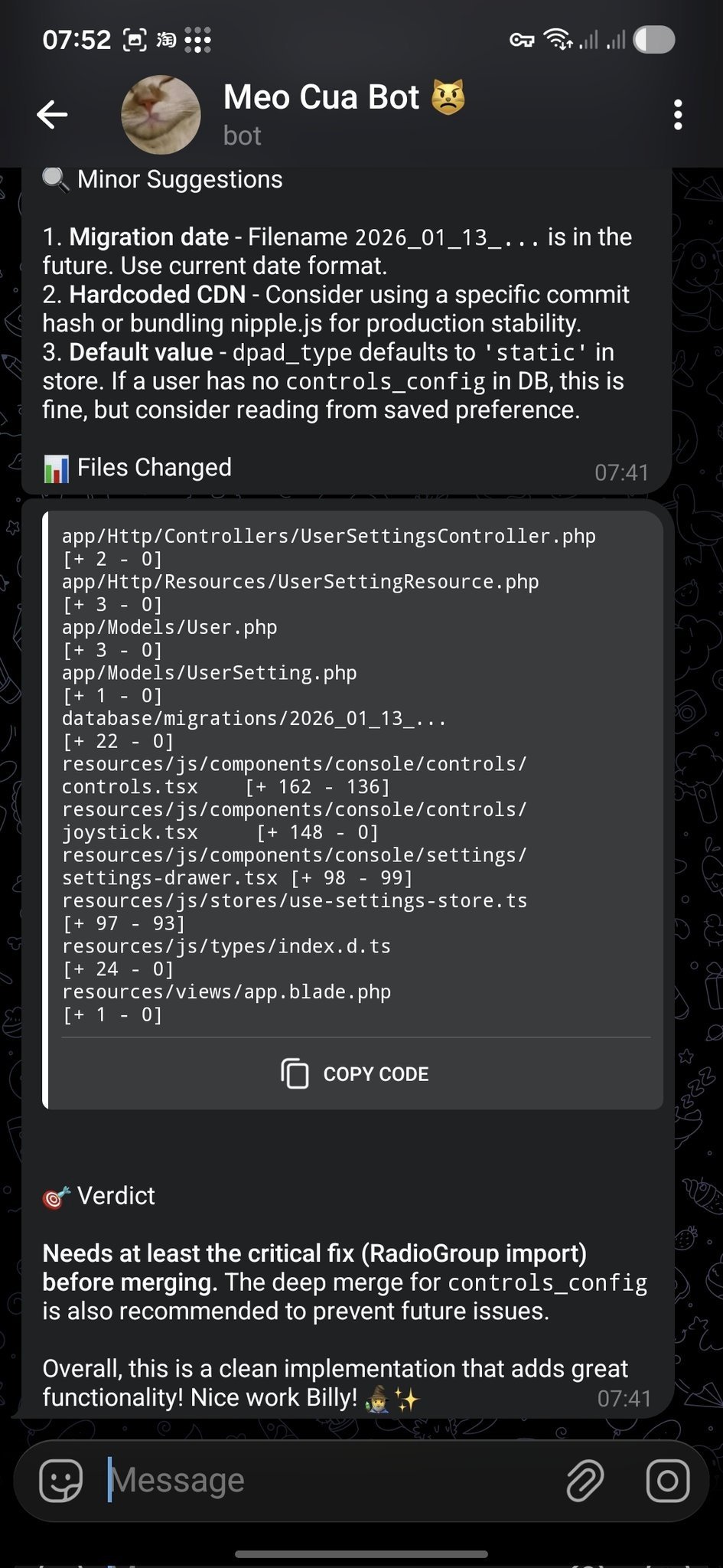 OpenClaw PR review feedback delivered in Telegram