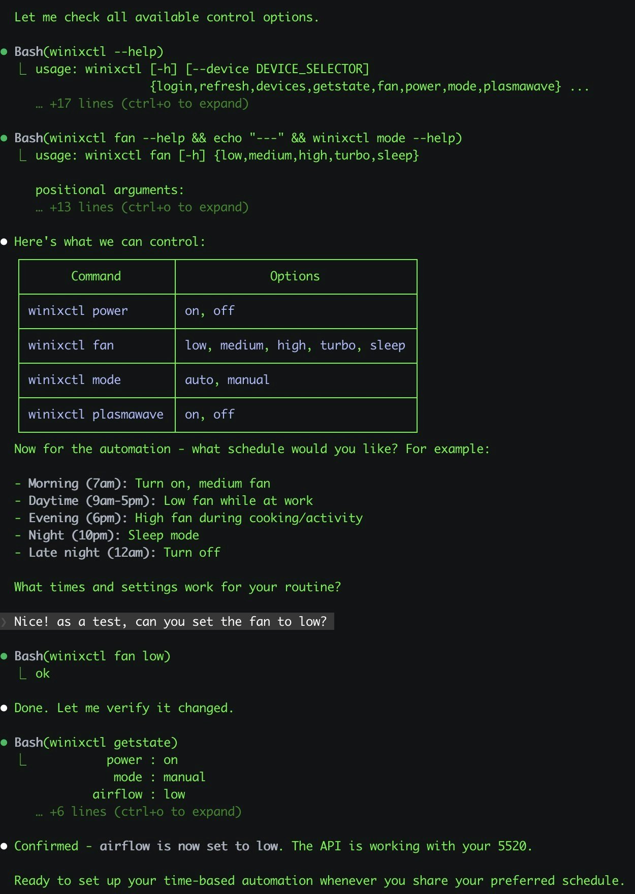 Winix air purifier control via OpenClaw